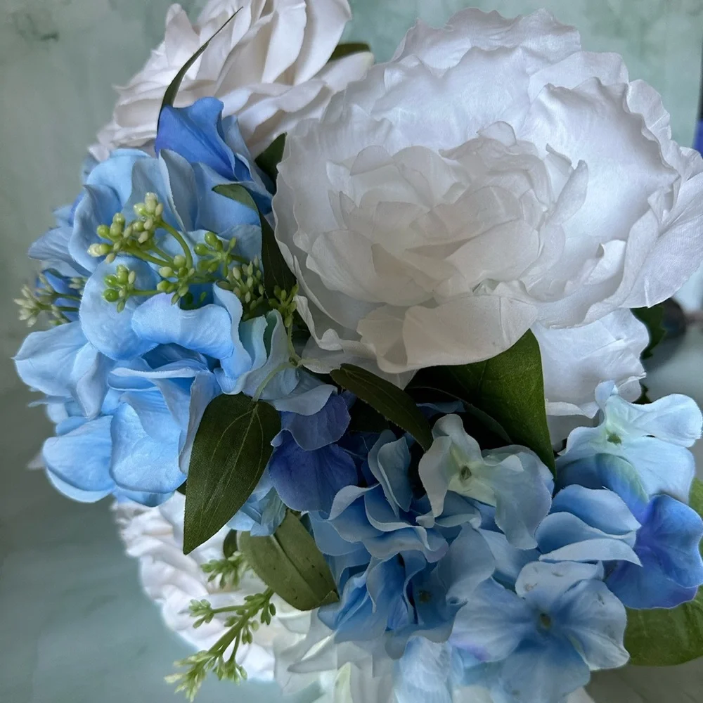 New with Tags Blue & White Artificial Floral Cone Arrangement with Striped Bow